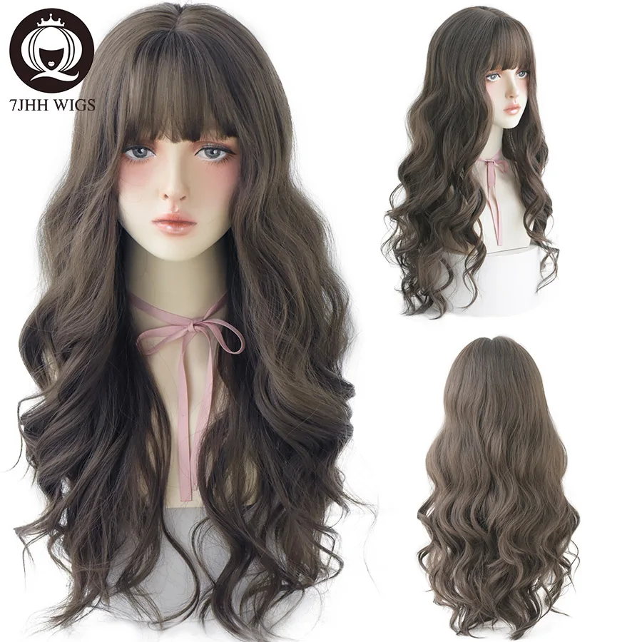 7JHH WIGS Loose Long Wavy Pink Brown Wig for Women Daily Use Fashion High Density Synthetic Hair Wigs with Bangs Beginner Friend