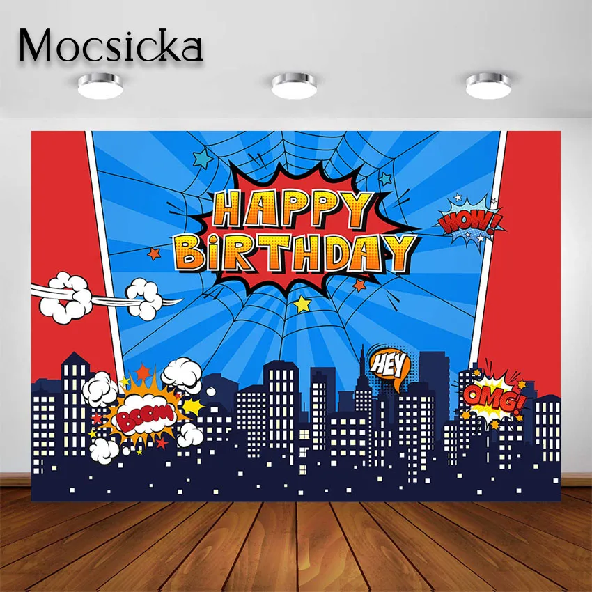 Fondo de superhéroe Mocsicka para decoraciones de fiesta de cumpleaños, edificio urbano, fiesta temática de superhéroe, fondo fotográfico para sesión de fotos