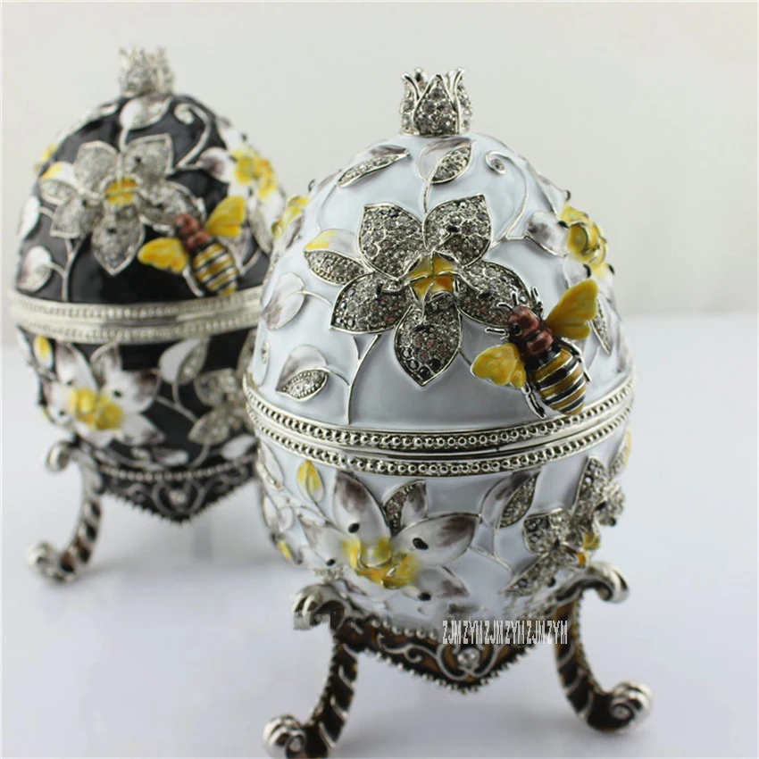 SCJHAB650 Alloy Luxury Delicate Egg Jewelry Organizer Box Vintage Bee Trinket Box Black/White Wedding Ring Storage Container