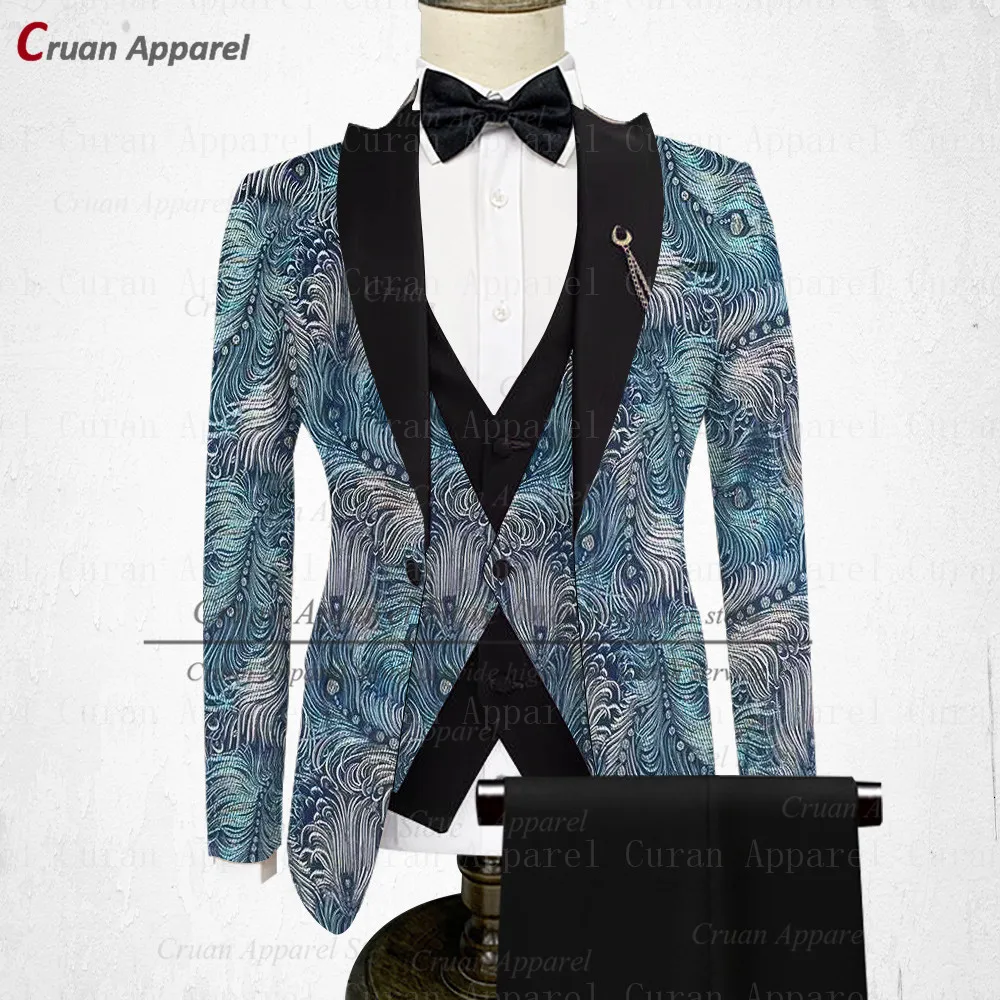 

20 Colors Fashion Designs Blue Floral Print Suits for Men Wedding Best Man Groom Tuxedo Tailor-made Ivory Blazer Vest Pants Set