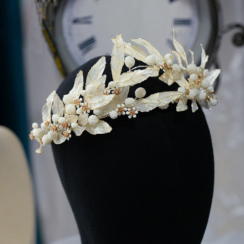 Handmade Flower & Pearls Brides Leaves Tiaras Crowns Headbands Bridal Hairbands Wedding Hair Accessory Prom Head Wear