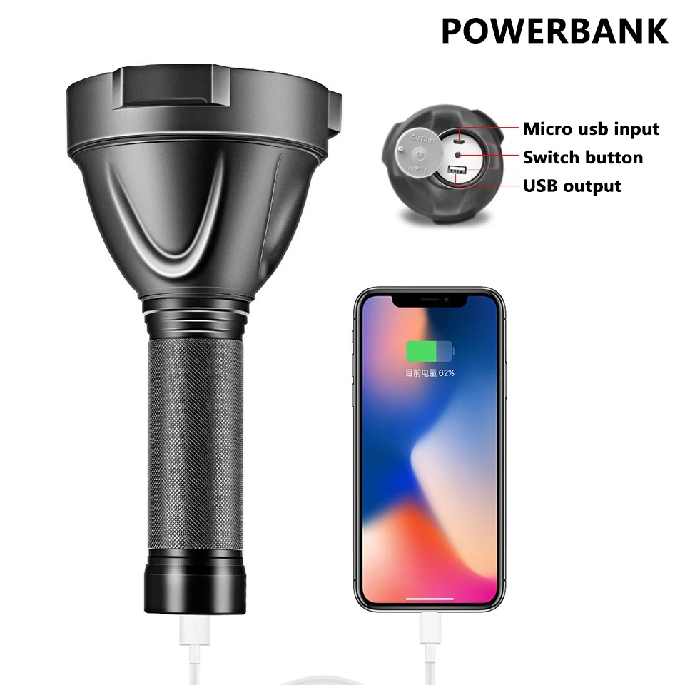 The Farthest Lighting Distance Led Flashlight Big Aluminum Cup Reflactor Torch Powerbank Rechargeable Built in 32650 Battery