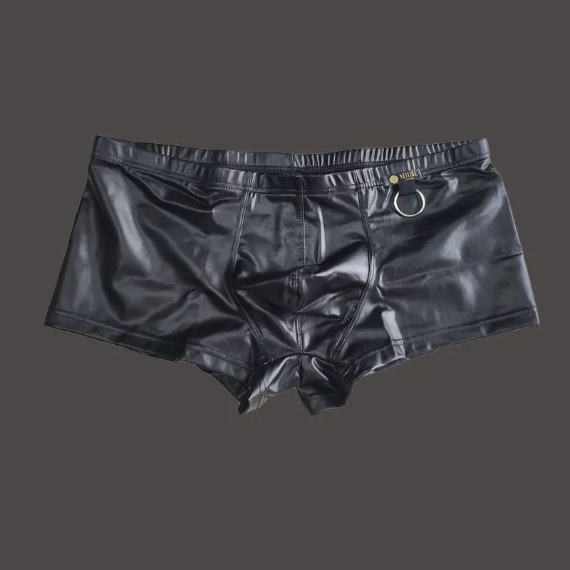 Sexy Men Faux Leather Cock Ring Boxer U Convex Pouch Shiny Boxers PU Sexy Underwear Sheathy Male Stage Gay Wear Plus Size F10