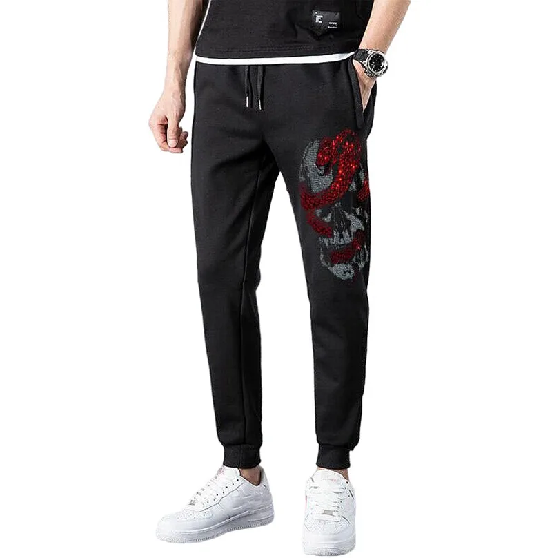 

Streetwear Men's Skull Sweatpants Fitness Joggers Anime Male Hot drill High Street Hip Long Trousers Rhinestones Pants