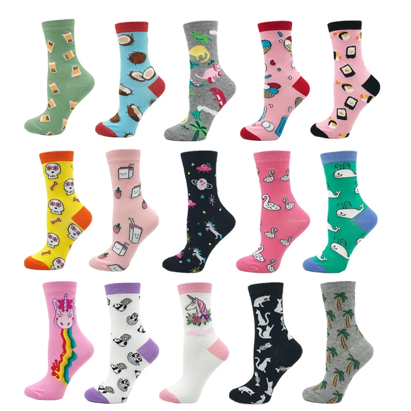 VPM Colorful Cotton Women\'s Socks Harajuku Kawaii Novelty Cute Cartoon Funny Icecream Cat Rainbow Unicorn Skull Dino Sock Gifts