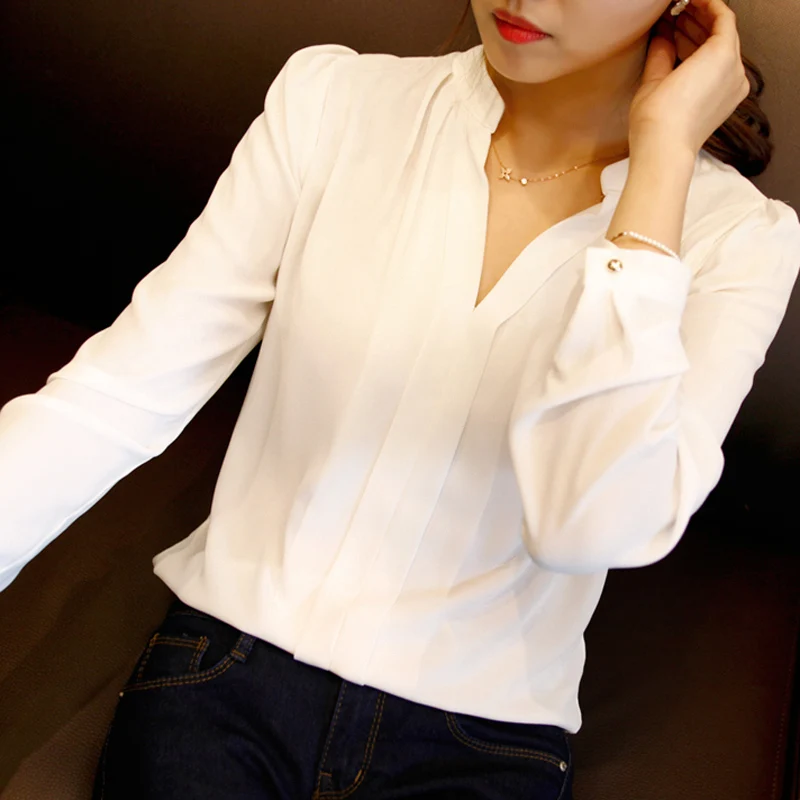 Più il Formato Chiffon Bianco Camicetta di Estate Delle Donne Camicette Delle Signore di Lavoro Elegante Con Scollo A V Camicette Camicia A Maniche Lunghe Ufficio Slim Blusas Top