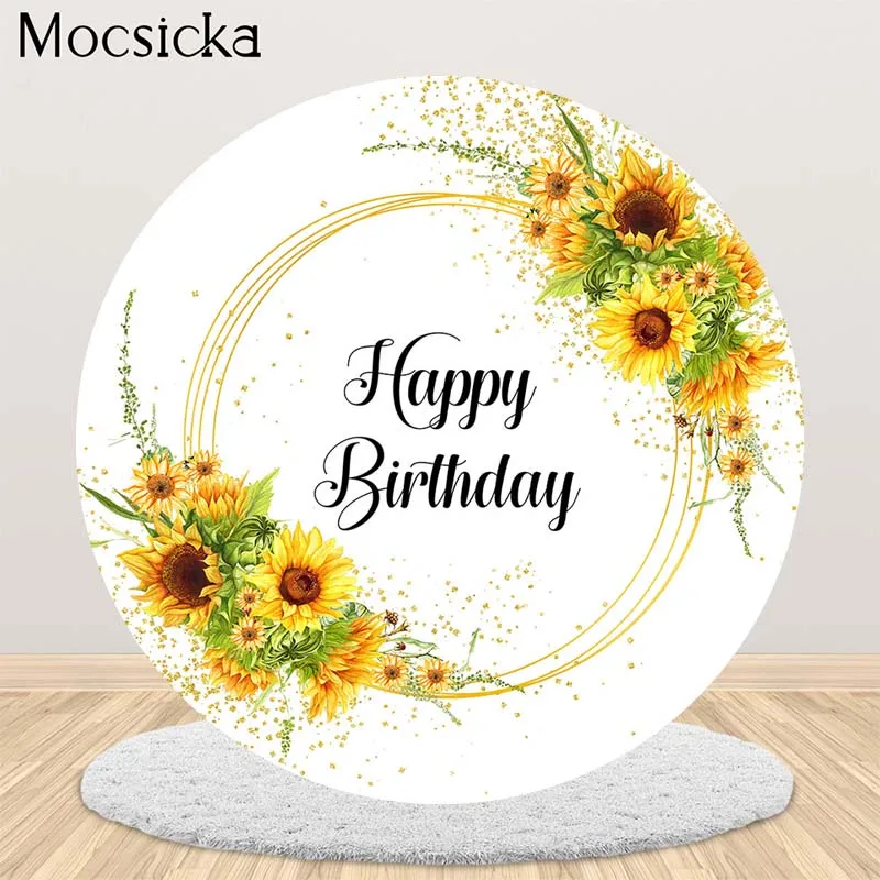 

Sunflower Flowers Round Backdrop Golden Glitter Circle Cake Table Decoration Props Children Birthday Portrait Photo Background