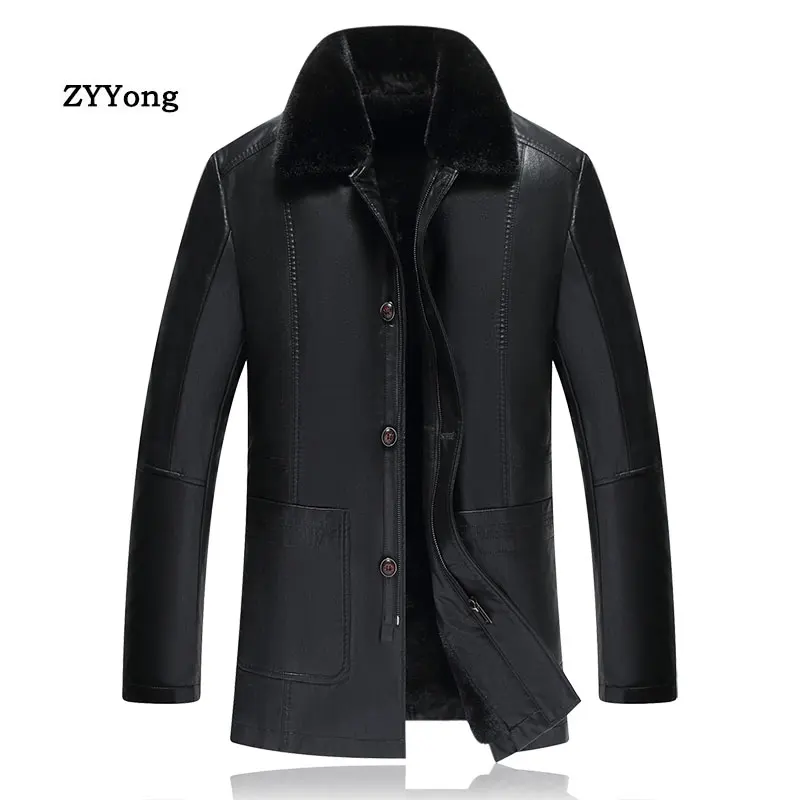 Winter Black Fleece Leather Jacket Men Parka Coat Overcoat Plus Velvet Warm PU Long Section Casual Windbreaker Outwear Clothing