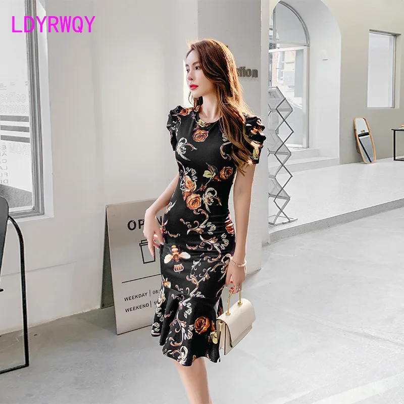 

LDYRWQY 2021 new temperament slim short-sleeved round neck bag hip fishtail print dress women Office Lady Zippers