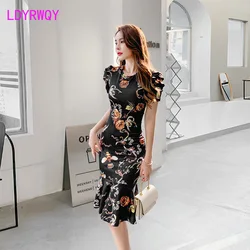 LDYRWQY 2021 new temperament slim short-sleeved round neck bag hip fishtail print dress women Office Lady  Zippers