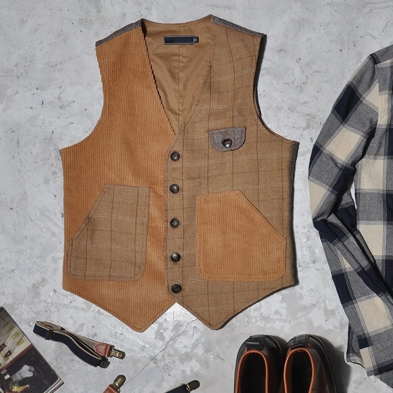 Mens Vintage Corduroy Vest Slim Fit Single Breasted Sleeveless Jacket Patchwork V Neck Man Vests Tops Casual Outwear Waistcoat