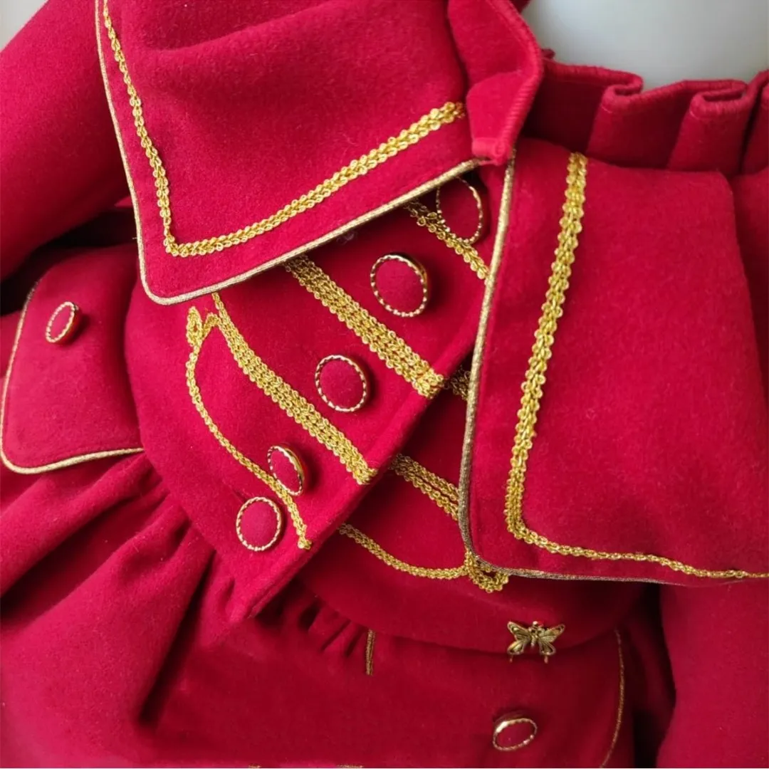 1-12Y Baby Girl Autumn Winter Handmand Customized Palace England Spanish Red Princess Wool Coat for Casual