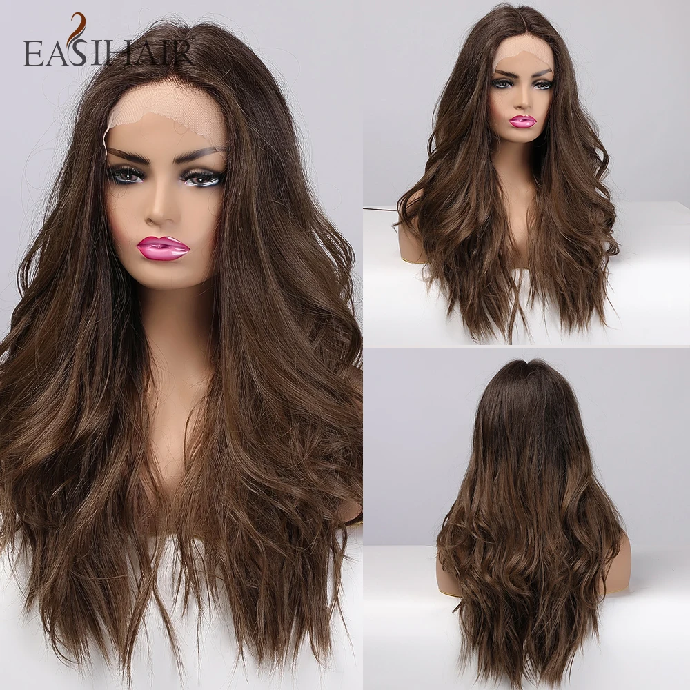 EASIHAIR Long Brown Lace Front Wig Synthetic Wigs Baby Hair Women Lace Wig Natural High Density Heat Resistant Wavy Cosplay Wig