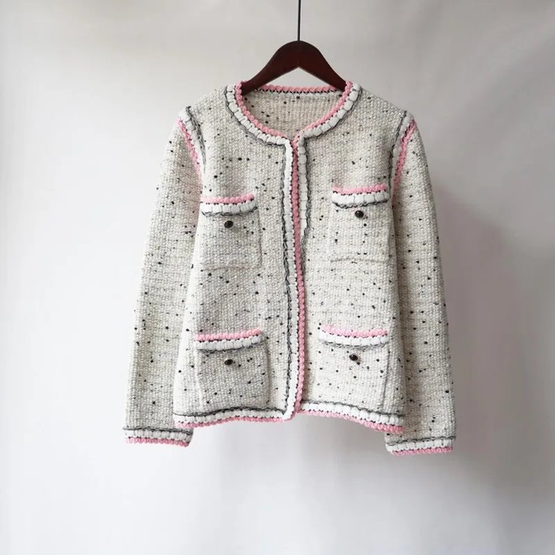 French Style Knitted Cardigan Coat Top Women New Autumn Winter Small Fragrant Wind Bright Silk Crochet Sweater Jacket s1487