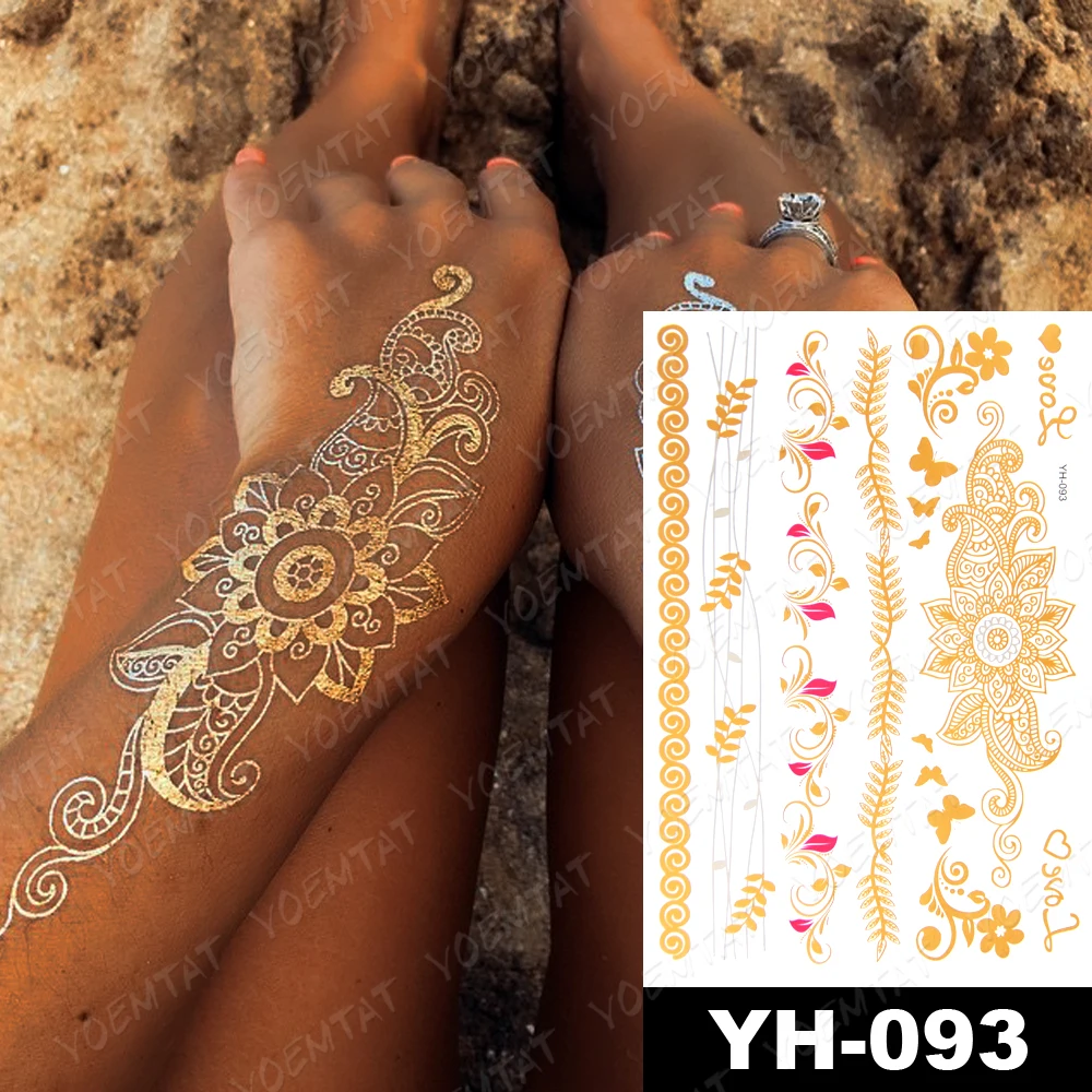 Großhandel wasserdicht temporäre Tattoo Aufkleber Blumen Mandala Henna Gold Silber Metallic Flash Tattoo Boho Lotus Glitter Körper kunst