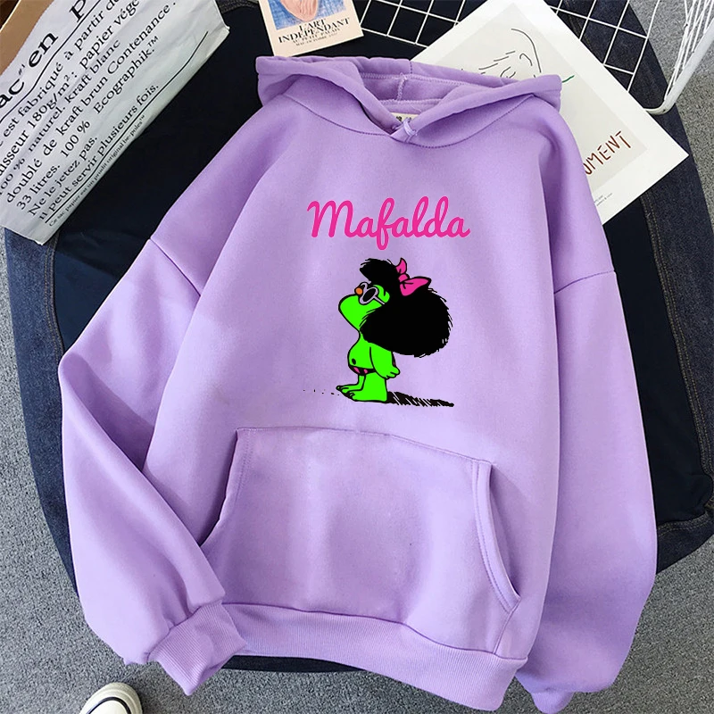 New women blue hoodie cute mafalda cartoon print winter femme sweatshirt tops Harajuku retro camiseta mujer hoodie streetwear