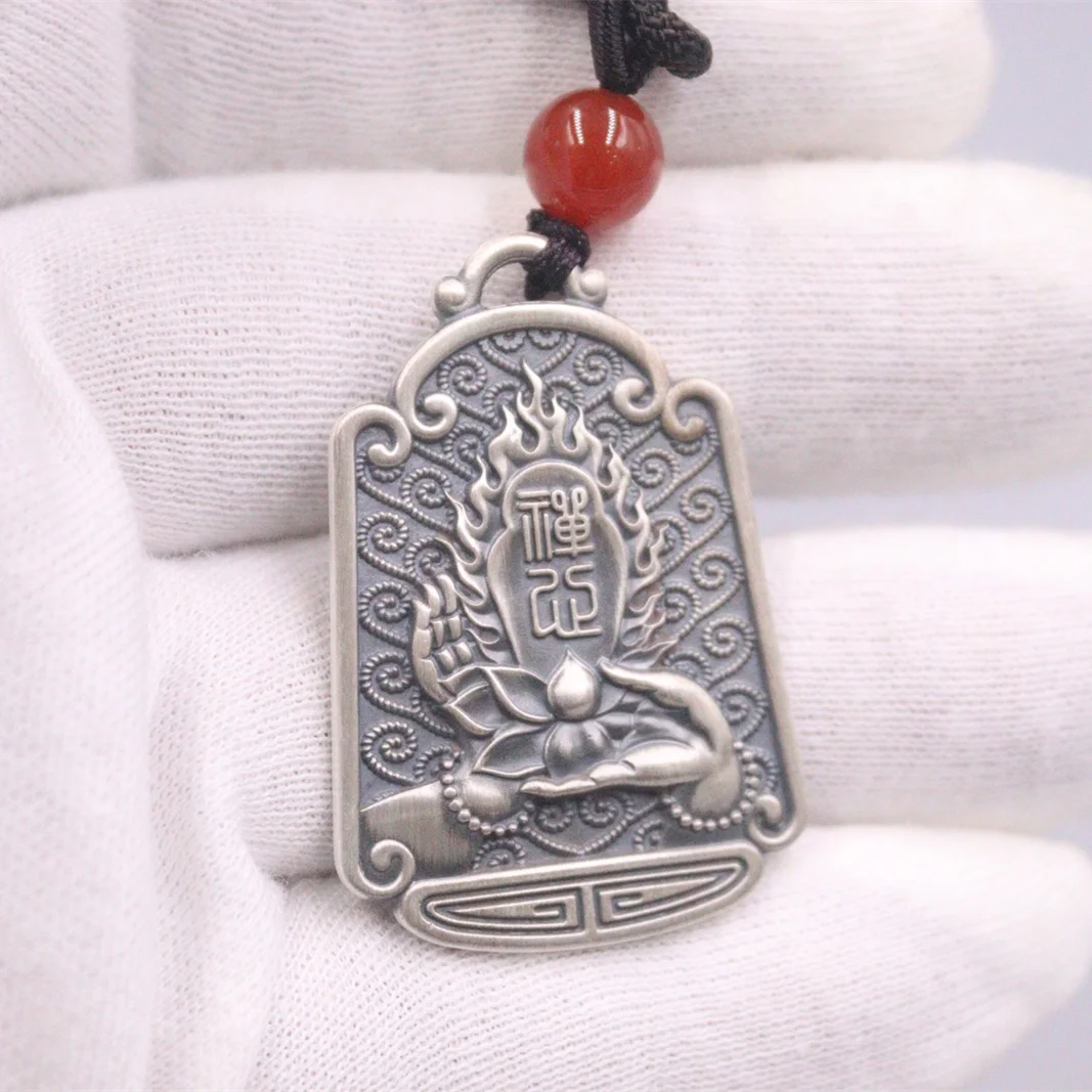 

Real S999 Fine Silver 999 Pendant /Buddha Hand Holding Lotus Bottle With Flame Six Words Oblong 19.6g