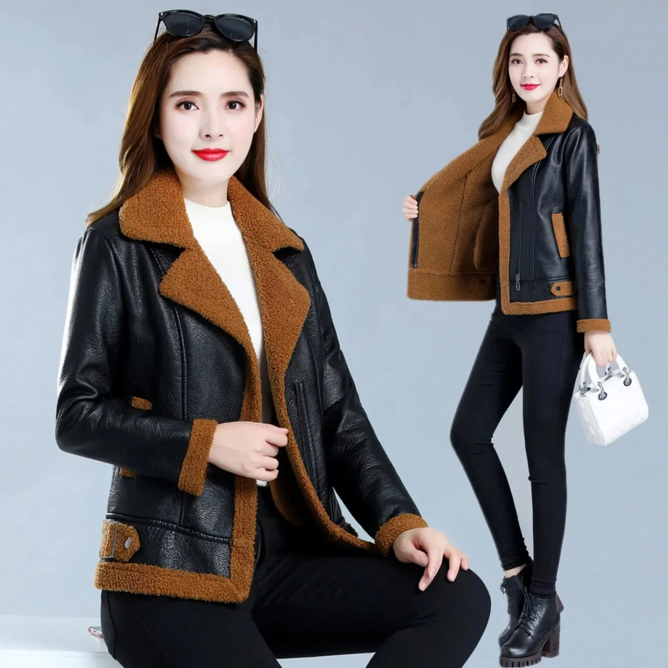 

Plus Velvet Thick Leather Jacket Women 2023 Autumn And Winter New Fur One Short Imitation Lamb Fur Jacket