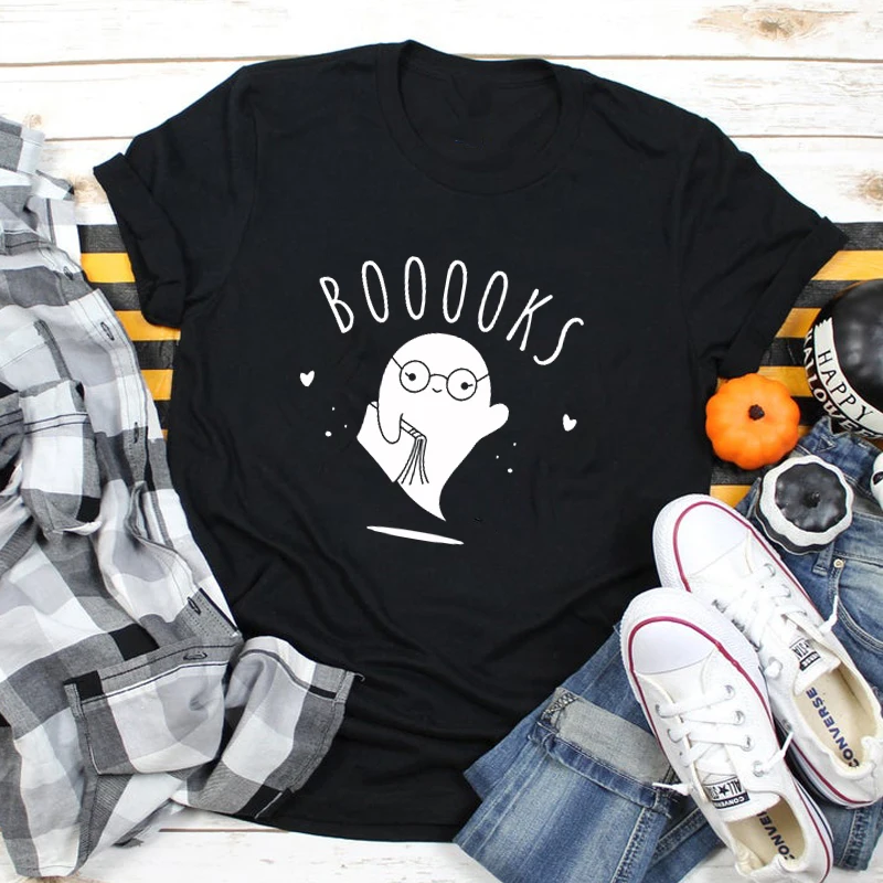 Booooks Ghost 100% Cotton T-shirt Funny Halloween Gift Tshirt For Teacher Cute Women's Graphic Book Reading Tee Top Camiseta