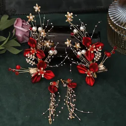 Vintage Chinese Style Clip Red Hair Pins and Clips Flower Headband Earrings Set Women Wedding Party Headdress Jewelry FORSEVEN