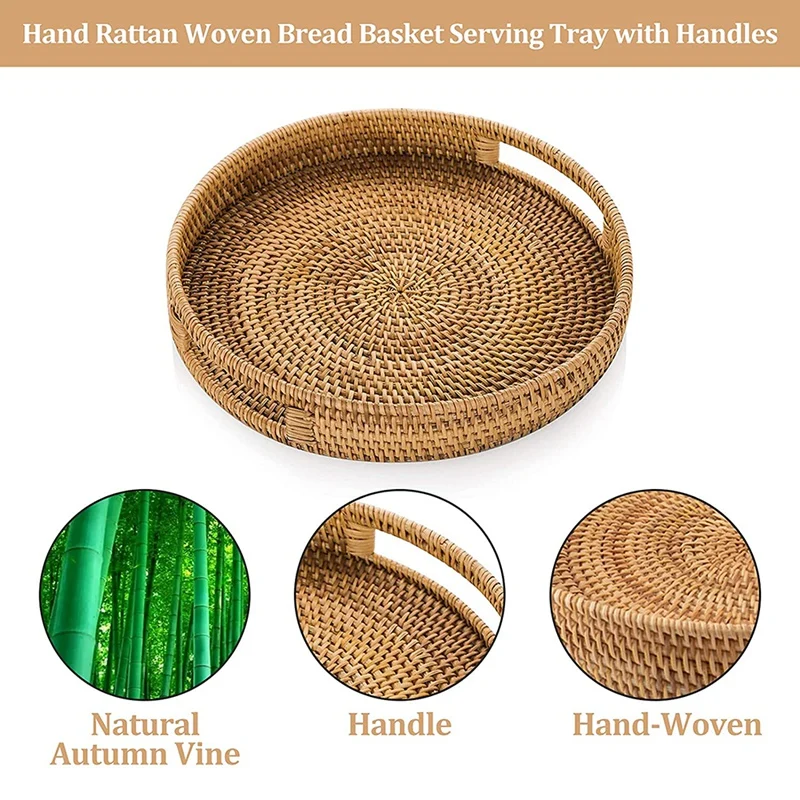 Round Rattan Woven Serving Tray with Handles, Ottoman Tray for Breakfast, Drinks, Snack, Coffee Table, Home Decorative