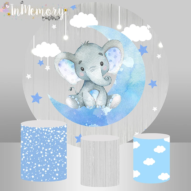 

Round Circle Background Boy 1st Birthday Party Backdrops Moon Star Baby Elephant Cake table Banner Customized Plinth Covers