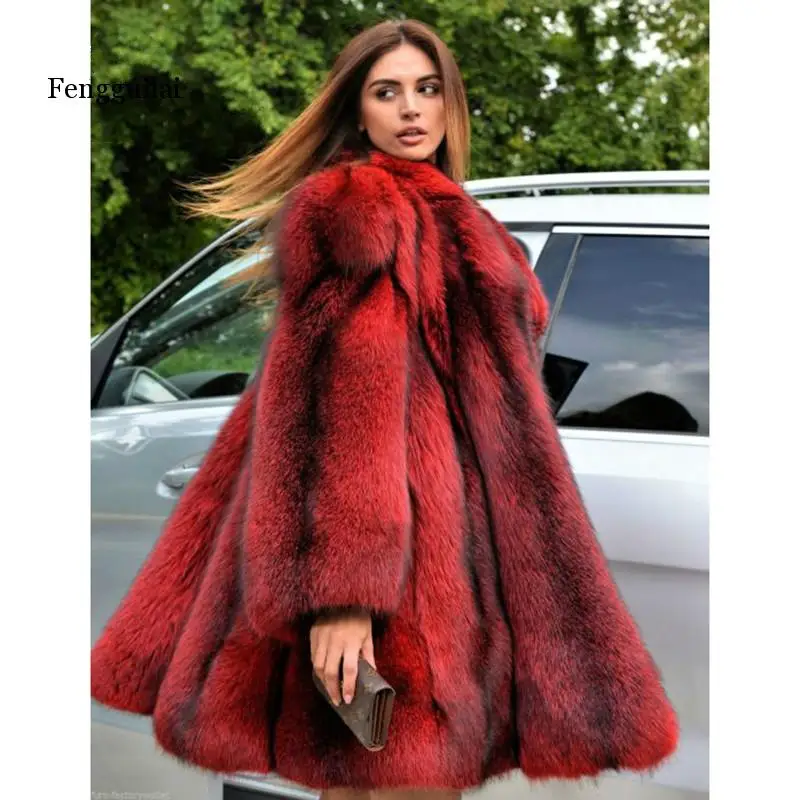 Fengguilai Winter fake Fox Fur Coat Women Whole Skin Genuine Fox Fur Female Jacket With Long Turn-down Collar Luxury Fur Coat