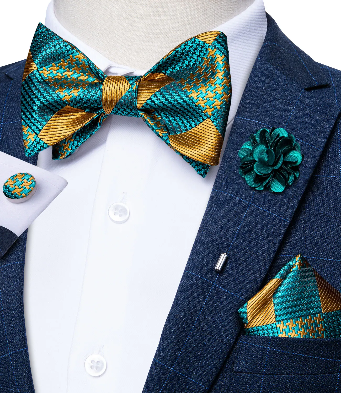 

Mens Tie Set Bow Tie Brooch Pin Set Fashion Green Gold Plaid Wedding Party Butterfly Bowknot Cravat Gravata Gift For Men DiBanGu