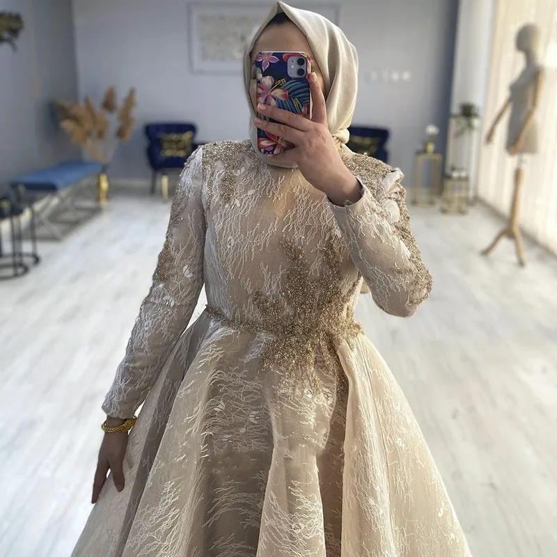 Vestidos de noite muçulmanos com hijab para mulheres, renda vintage, manga comprida, vestido formal árabe, vestidos de casamento elegantes de Dubai, champanhe