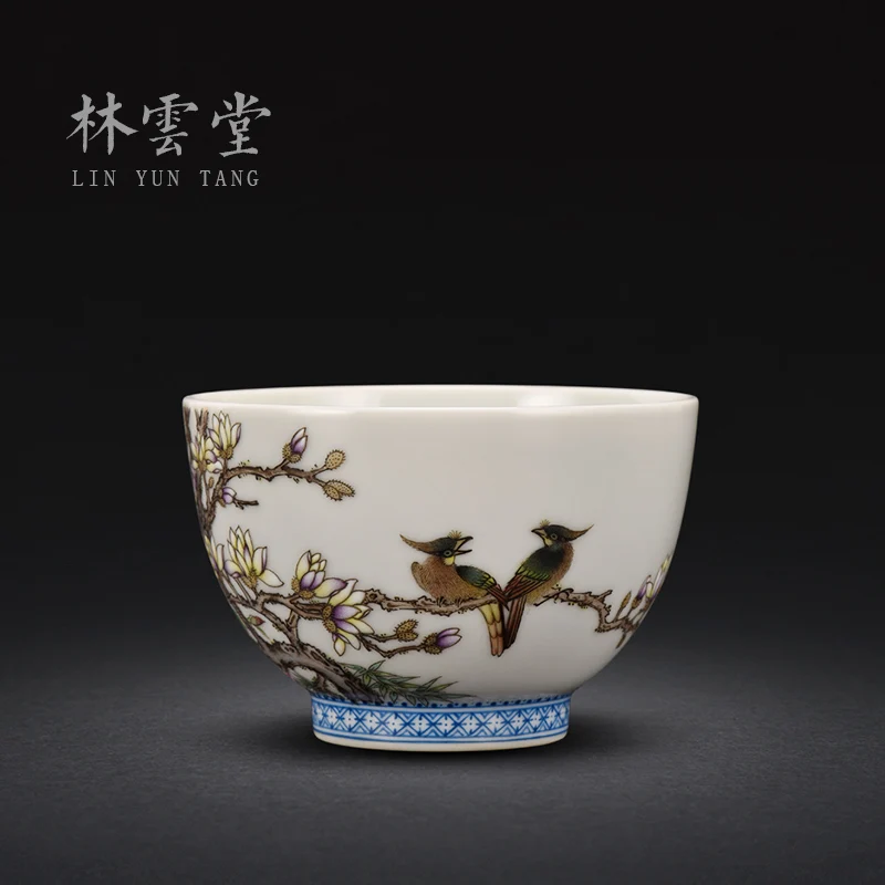 

Lin Yuntang hand-painted yulan blackbird pastel master cup single cup jingdezhen ceramics by hand kung fu tea cups