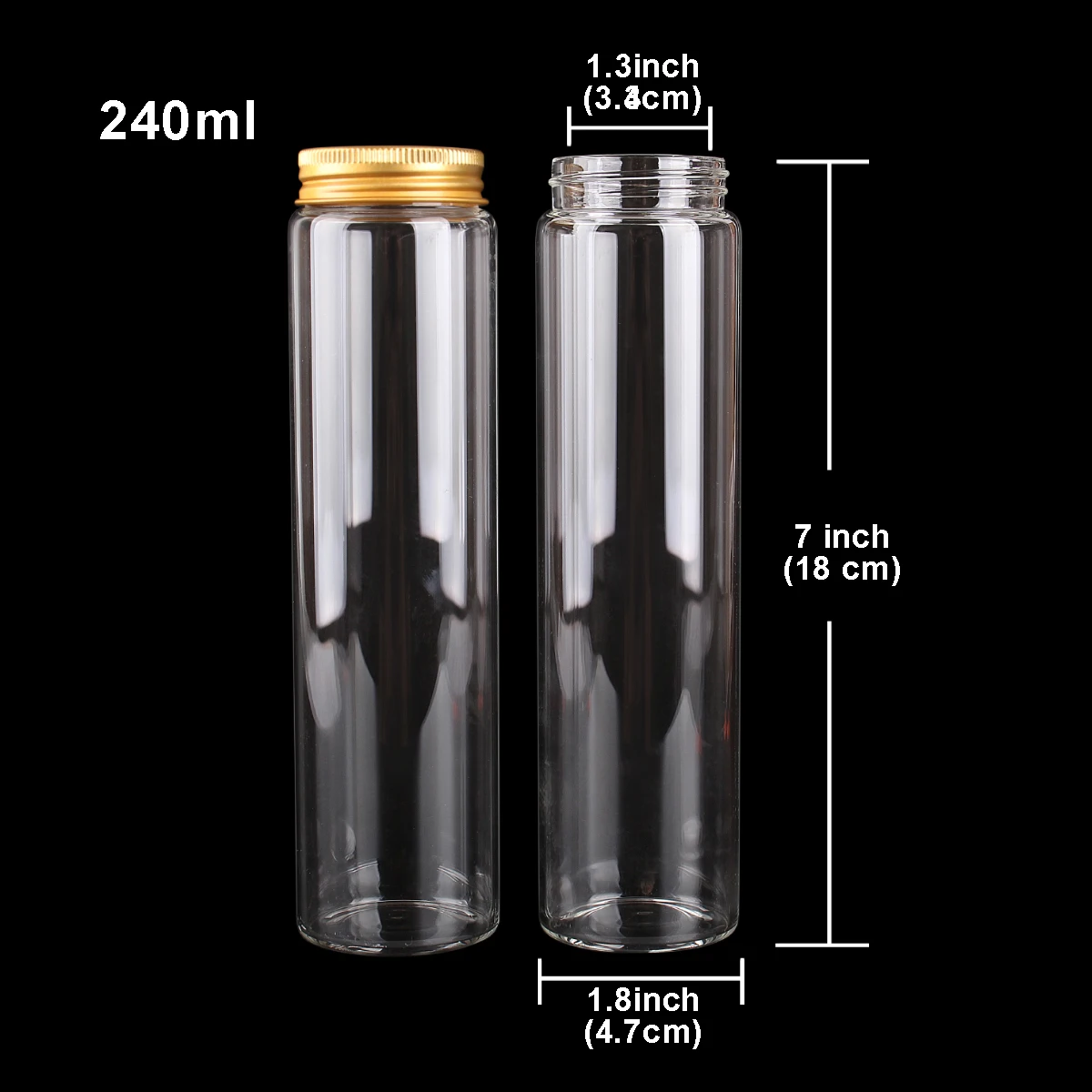 12 pieces 240ml 47*180mm Glass Bottles with Golden Aluminum Lids Spice Bottles Pill Container Candy Jars Vials for Wedding Gift