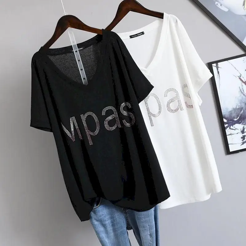 2024 Summer New Womens T-shirt Korean Loose Oversized T-shirt Large Size Diamond V-neck Covering Belly Short Sleeve Tshirt Women