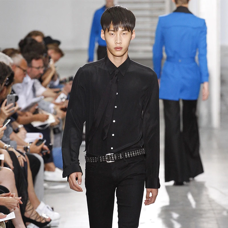 

Men's Long Sleeve Shirt Spring And Autumn New Lapel Black Ribbon Design Youth Fashion Trend Catwalk Versatile Shirt