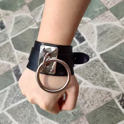 Round Bracelet Black PU Leather Wristband Cuff goth gothic punk armbands Fashion bracelets women men metal cosplay jewelry
