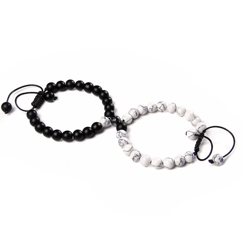 Paare Abstand Magnetische Armbänder Für Frauen Männer Schwarz Und Weiß Stein Perlen 7 Chakra Armreif Lava Liebe Beste Freund Schmuck geschenk