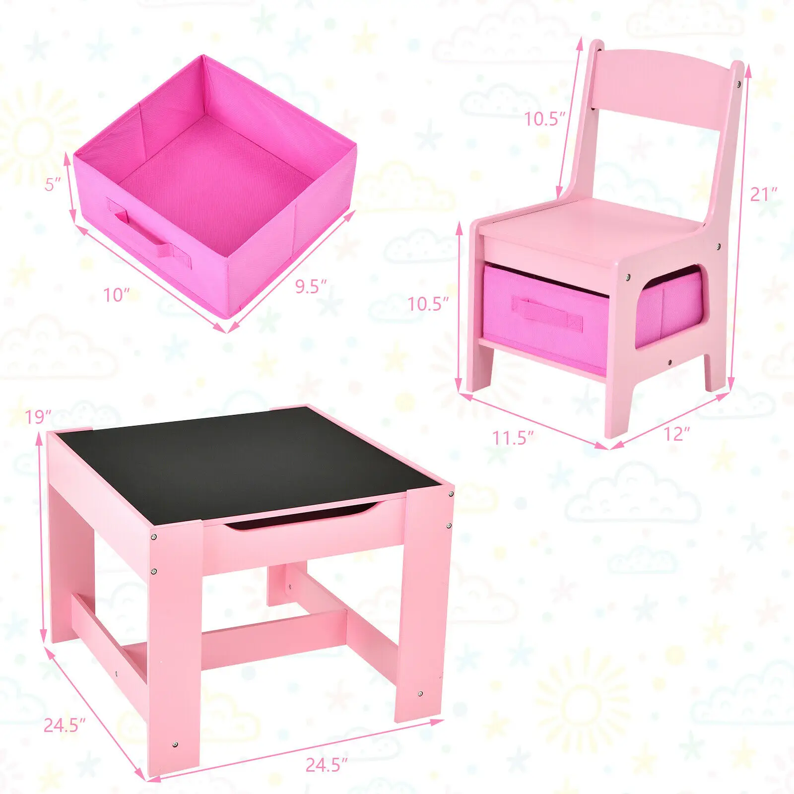 Babyjoy 3 in 1 Kids Wood Table Chairs Set w/ Storage Box Blackboard Drawing Pink  BB5584PI