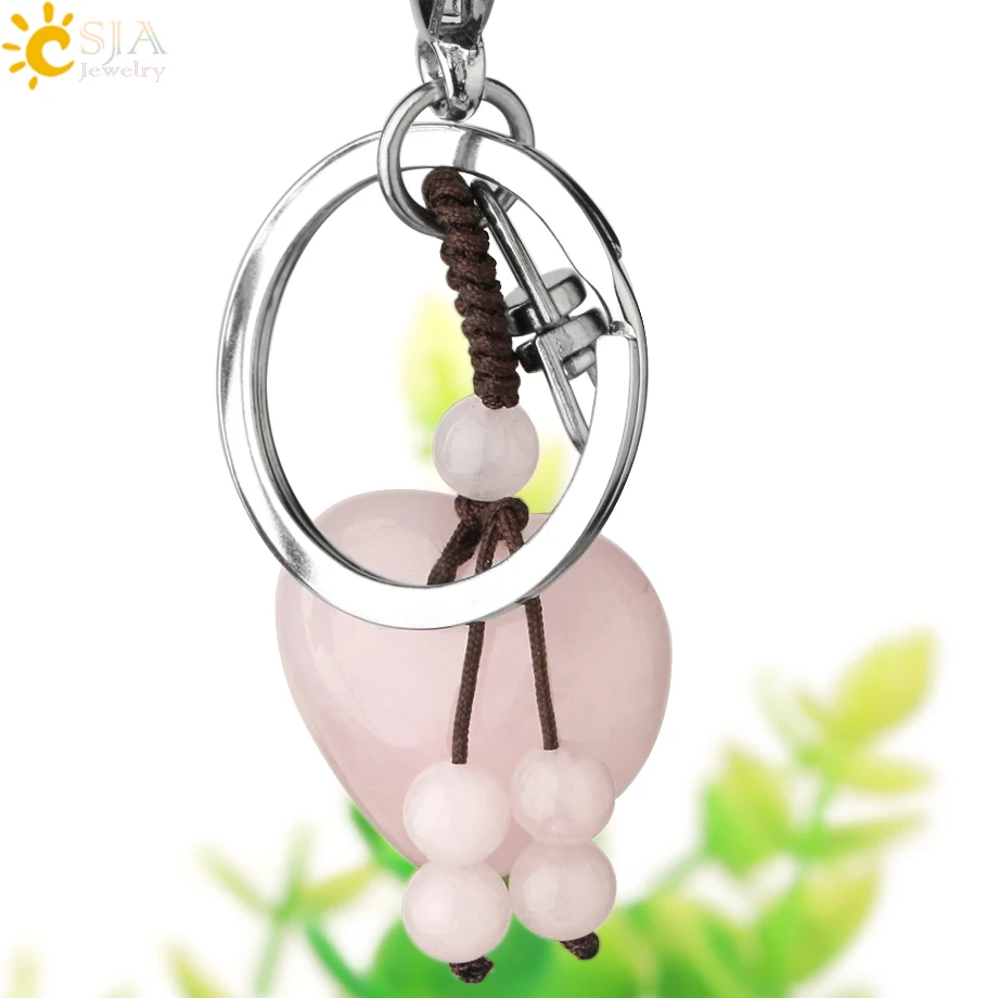 CSJA Heart Natural Crystal Keychains 7 Chakra Healing Stone Pink Quartz Tiger Eye Keyring Silver Color Car Key Holder Decor G554