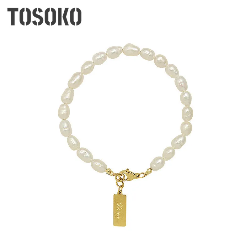 TOSOKO Stainless Steel Jewelry English Square Pendant Natural Freshwater Pearl Bracelet Women's Elegant Fashion Bracelet BSE078