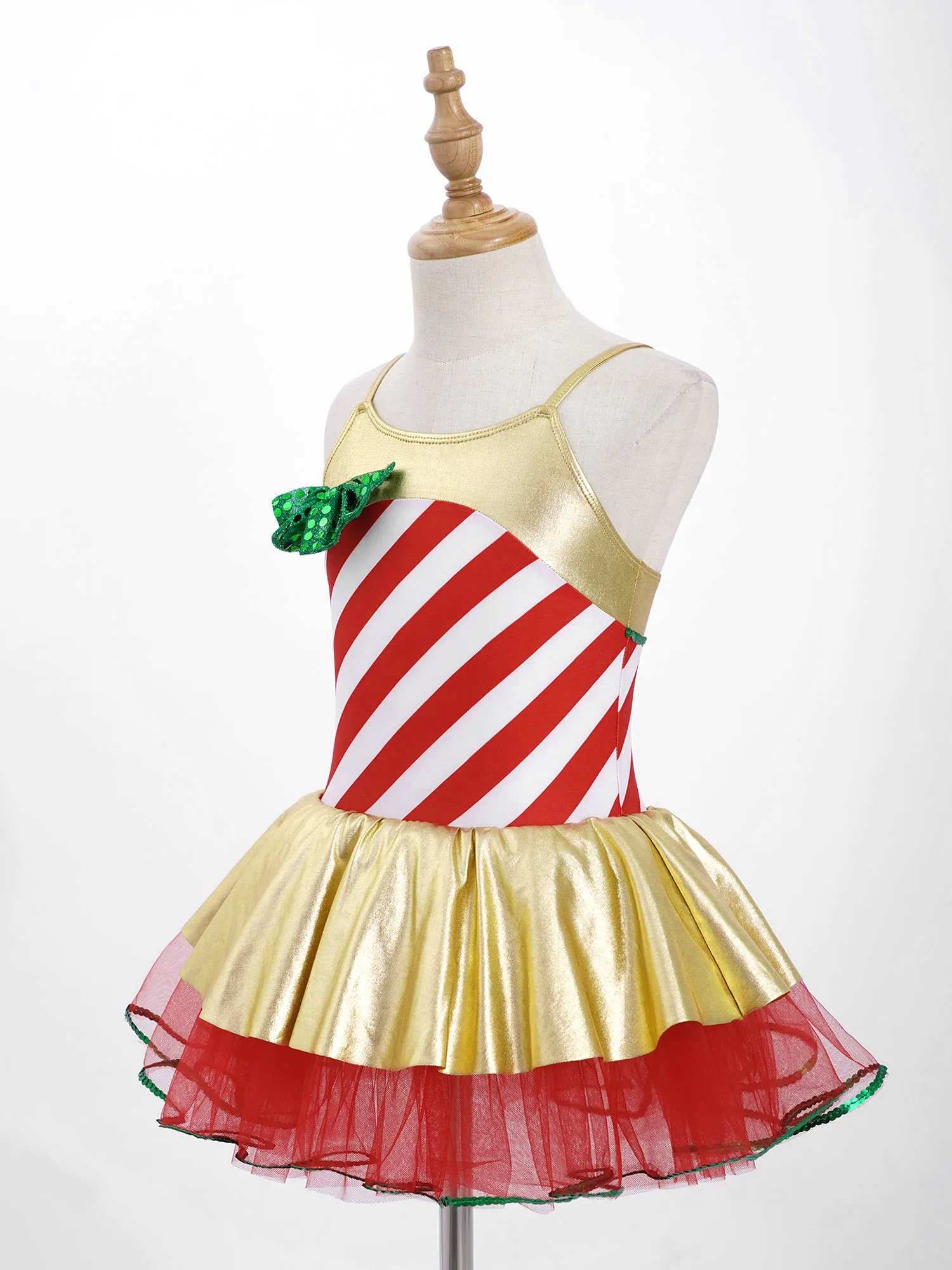 Girls Sequin Striped Ballet Gymnastic Leotard Dress Sleeveless Mesh Tutu Ballet Dance Dress Holiday New Year Christmas Costume