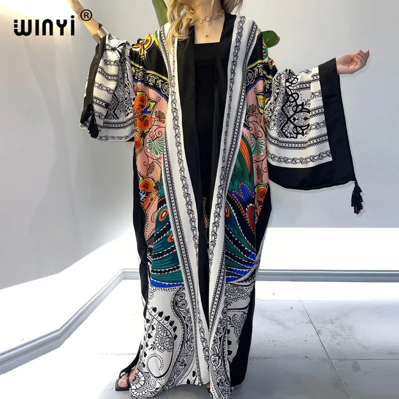 WINYI-Vestido largo bohemio de manga larga para mujer, traje elegante con estampado de Cachemira, cinturón, dobladillo grande, para playa, 2021