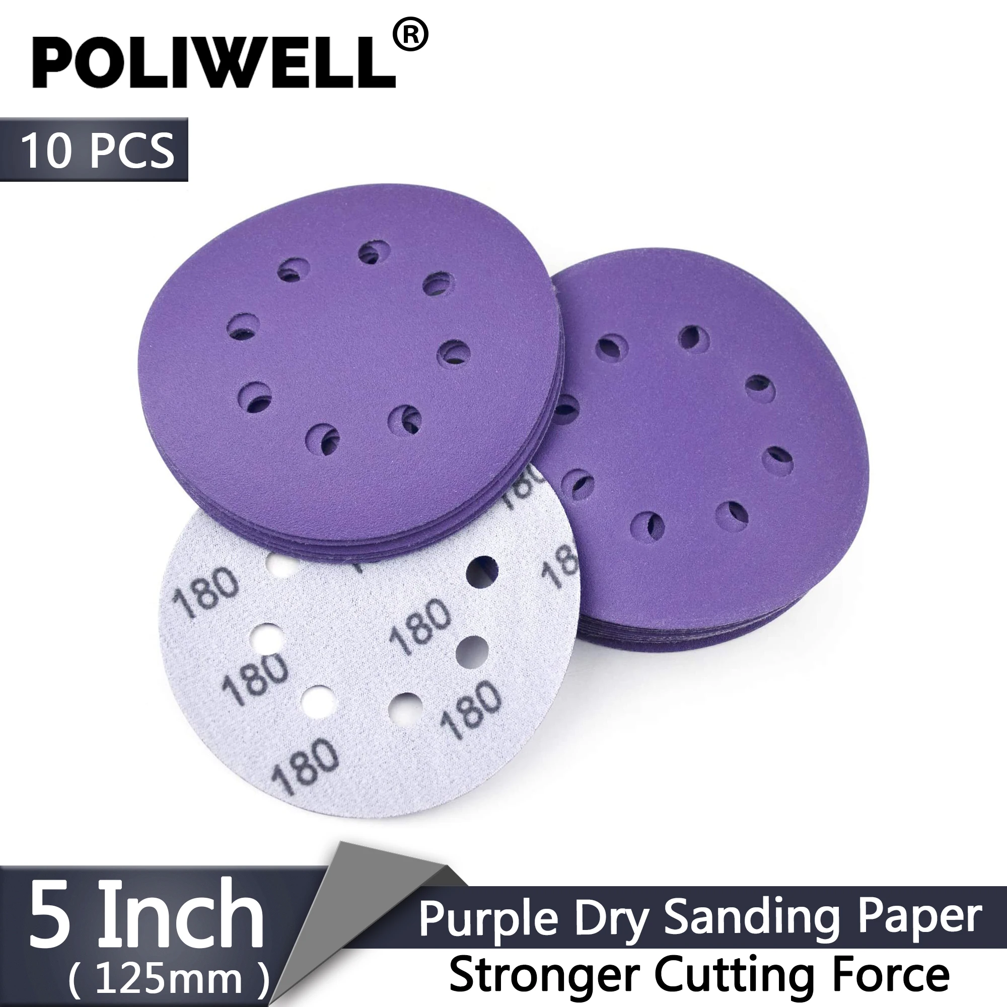 POLIWELL 10PCS 5 Inch 8-Holes Grit 60-240 Purple Dry Sanding Paper Discs for Hook & Loop Festool Sanding Pad Sander Accessories