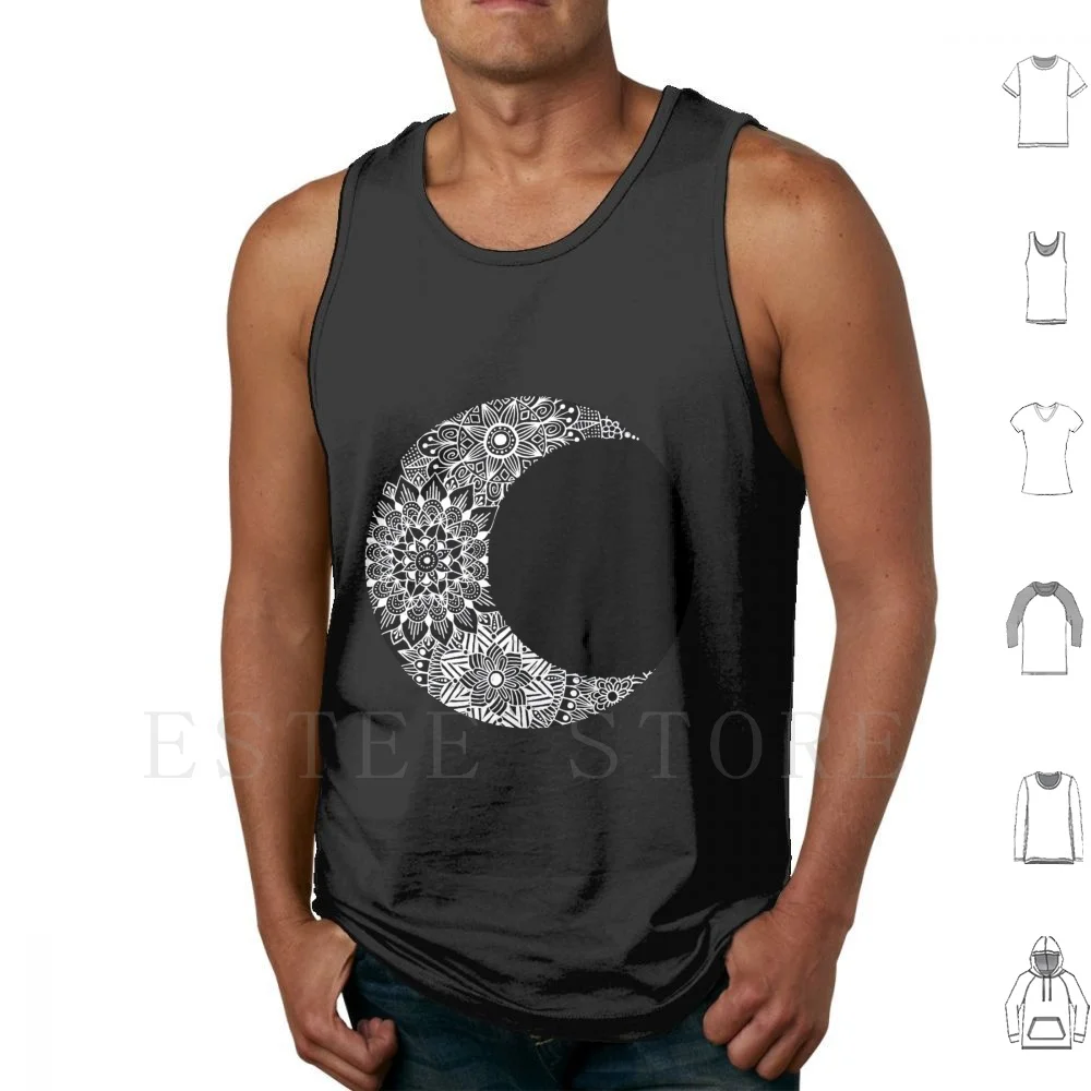 Crescent Moon Mandala Tank Tops Vest Mandala Zentangle Moon Lunar Crescent Pattern Black And White Space Universe Galaxy