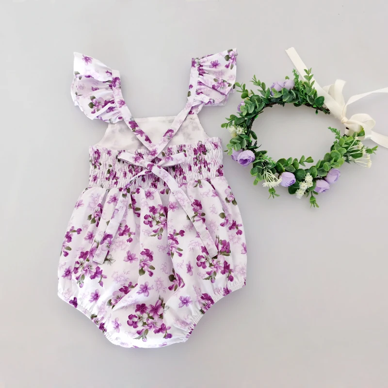 

Flofallzique 2021 New Summer Cotton Petal Sleeve Purple Flower Floral Pattern Newborn Girls Romper For Birthday Anniversary