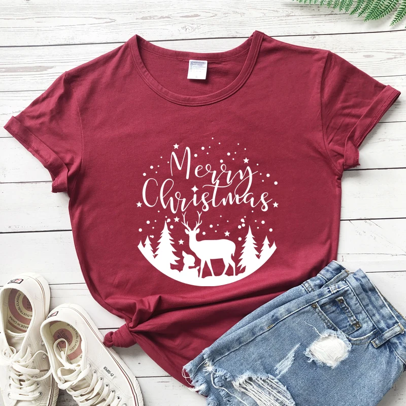 Winter Merry Christmas T-shirt Cute Xmas Gift Tshirt Aesthetic Women Short Sleeve Reindeer Holiday Top Tee Shirt