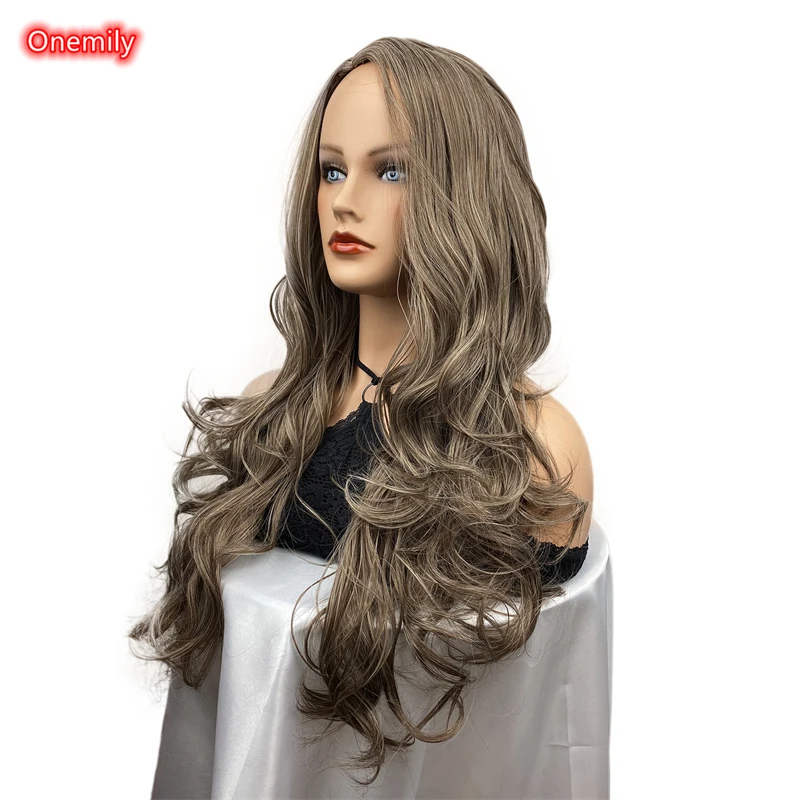 Onemily Brown Wavy Long Hair for Women Natural Body Wave Synthetic Hair Wig