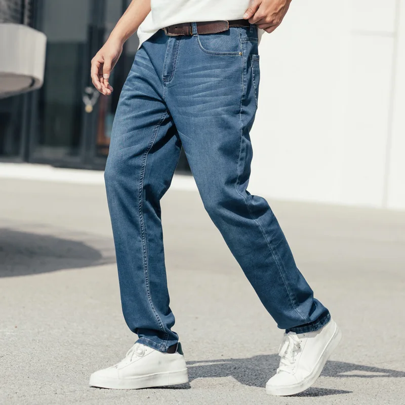 Summer Thin Section Men's Straight Large Size Loose Elastic Force Denim Jeans Blue Pants Hip Hop Leisure Streetwear Man Trousers