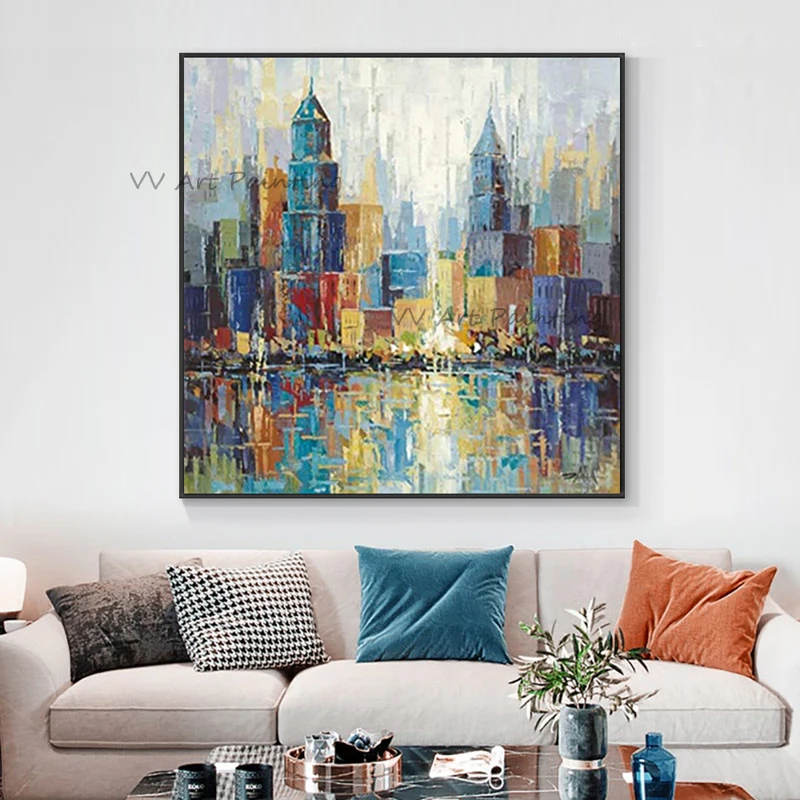 Cityscape Art Hand Painted Acrylic Canvas Oil Paintings, Palette Knife Urban Reflection Painting, No Framed Sofa Wall Decoration