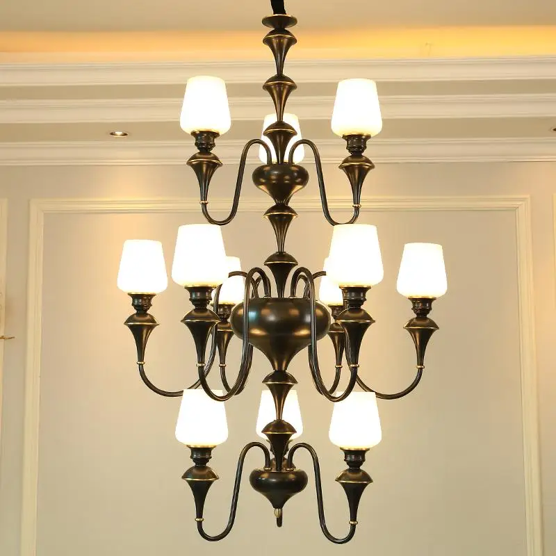 estilo europeu villa grandes lampadas penduradas duplex edificio escada lustre de cobre americano sala estar longo lustre luz 01