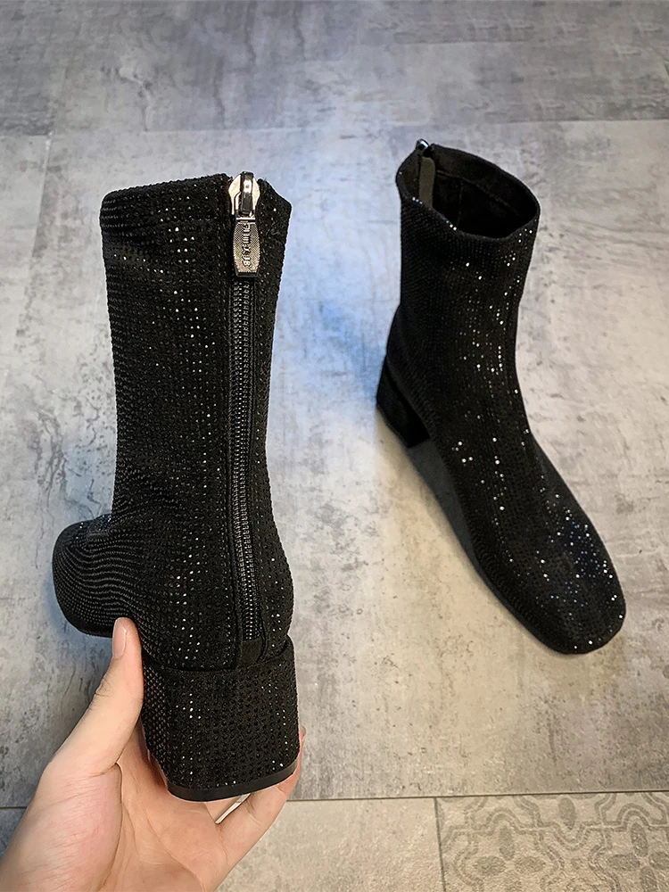 Scarpe da donna stivaletti 2020 autunno e inverno nuova moda cerniera lampeggiante diamante paillettes punta quadrata stivali con tacco medio