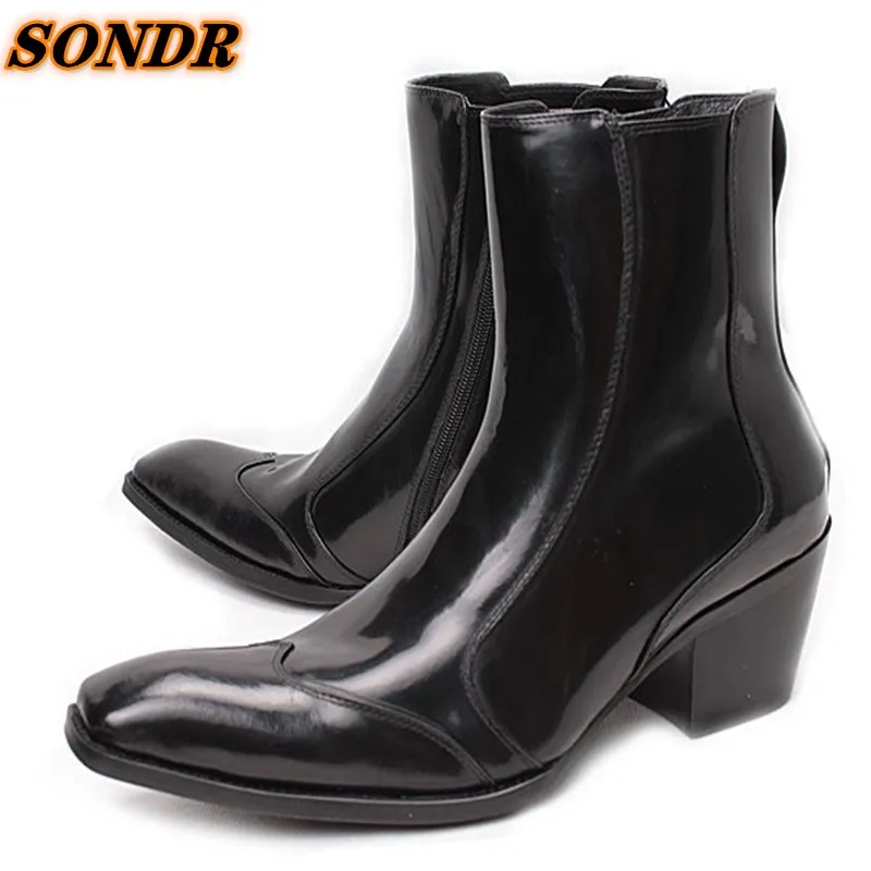 

Men Ankle Boots Genuine Leather Square Toe Shoes High Heels Zipper Chelsea Boots Office Wedding Dress Shoes Zapatos De Hombre